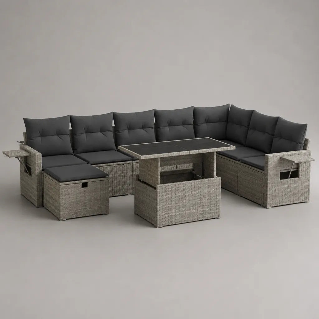 Set da esterno con divano angolare a 8 posti, tavolo e 3 pouf in rattan PE grigio chiaro e antracite, 260 × 200 × 74 cm