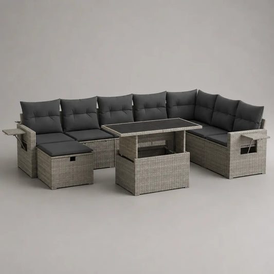 Set da esterno con divano angolare a 8 posti, tavolo e 3 pouf in rattan PE grigio chiaro e antracite, 260 × 200 × 74 cm