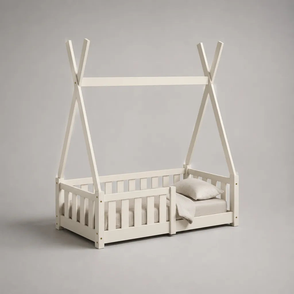 Letto a tenda per bambini in pino massello bianco 166 x 88 x 150 cm, rete 80 x 160 cm e sponde