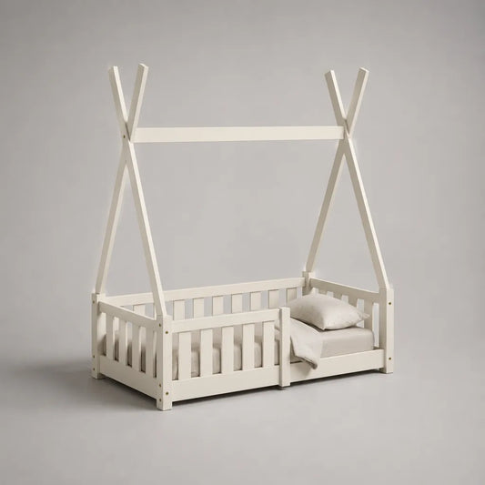 Letto a tenda per bambini in pino massello bianco 166 x 88 x 150 cm, rete 80 x 160 cm e sponde