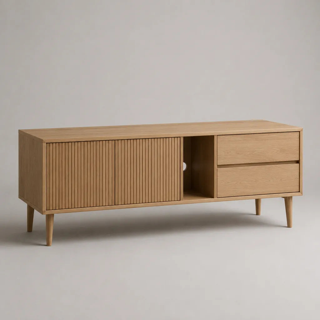 Mobile porta TV rettangolare in MDF impiallacciato rovere naturale con 2 ante scanalate, 2 cassetti e vano aperto, 160 x 40 x 70 cm