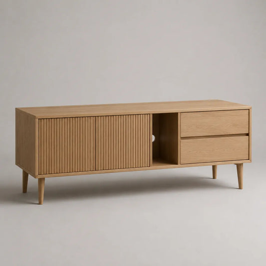 Mobile porta TV rettangolare in MDF impiallacciato rovere naturale con 2 ante scanalate, 2 cassetti e vano aperto, 160 x 40 x 70 cm